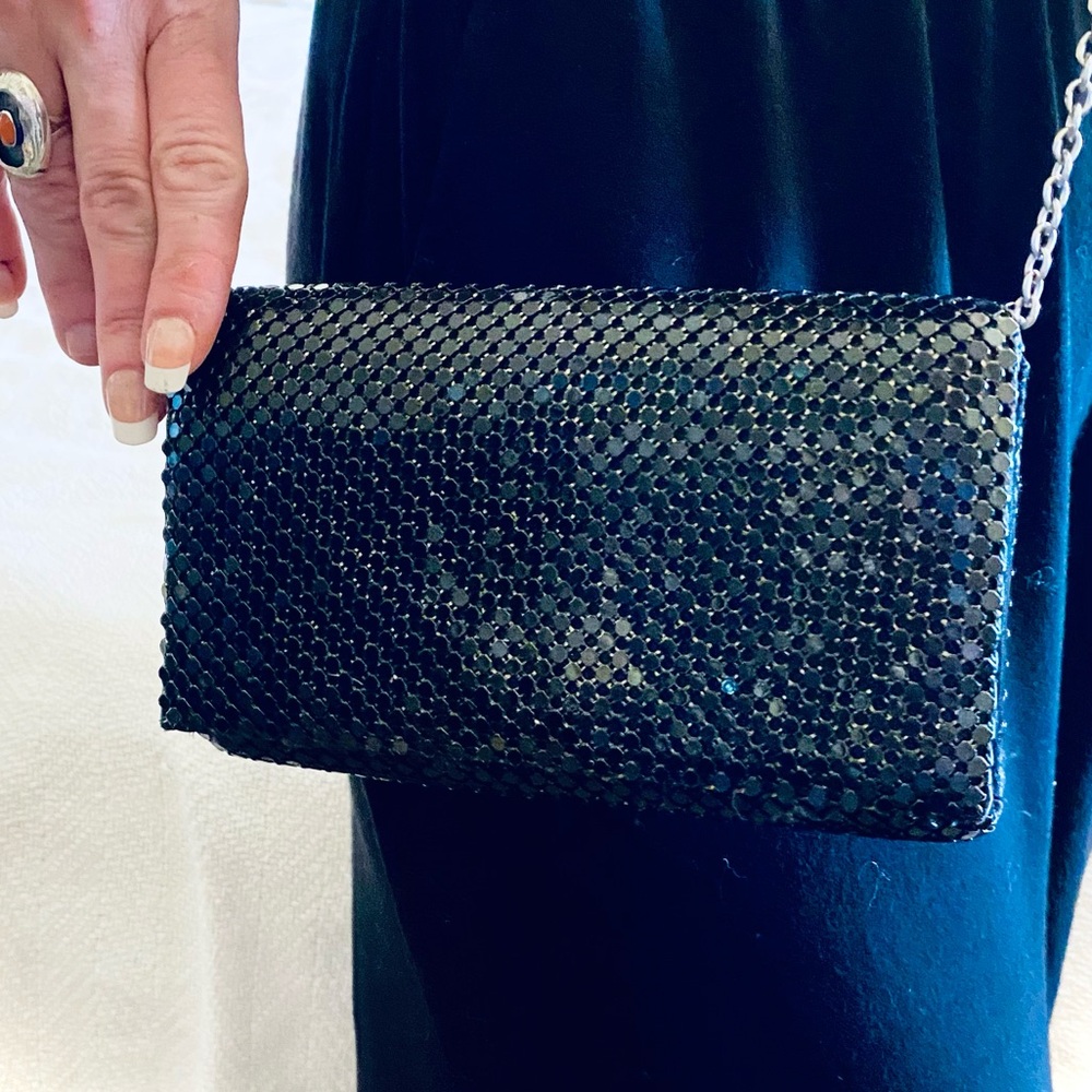 Jessica McClintock Sparkling Black Evening Clutch with Silver Chain